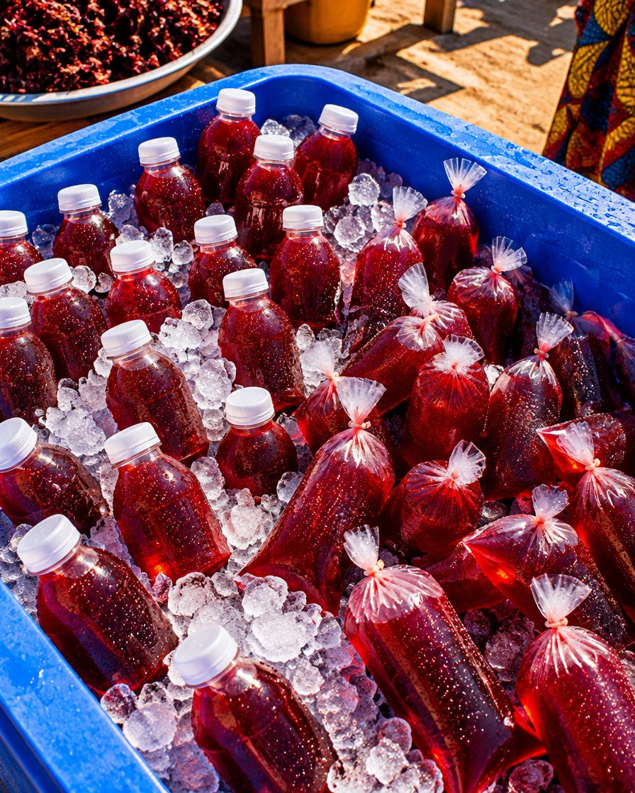 Bottles and sachets of iced bissap juice packed in a cooler at a Dakar street stall
