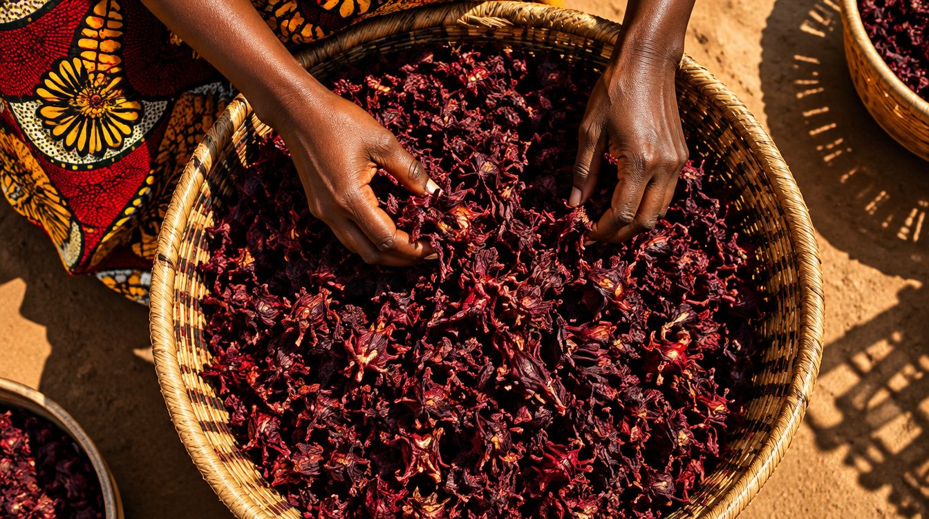 Hands sorting dried hibiscus calyces in a woven basket at a West African market